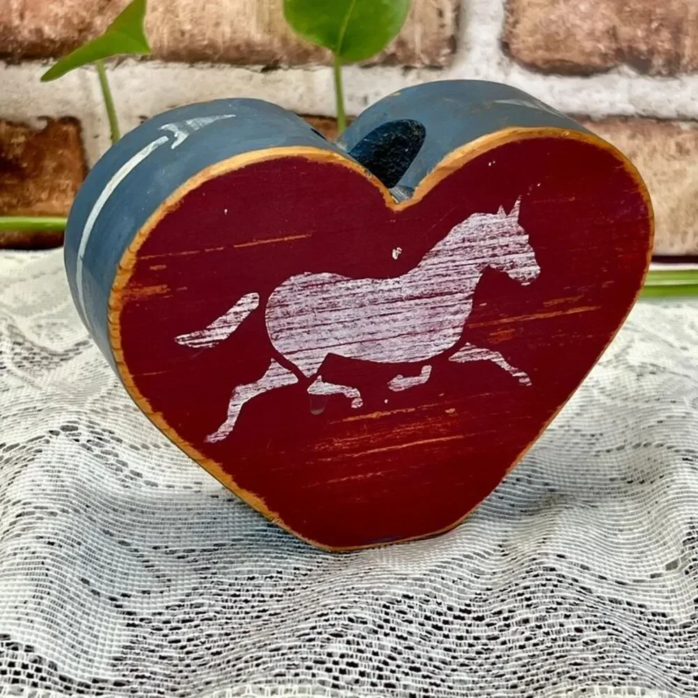 VTG Hand Painted Wood Heart Horse Small Candle Holder Cottage Farmhouse